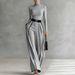 Autumn Winter Women's Elegant Two Piece Set Stand up Collar Contrast Color Hem Slimming Long Sleeve Knit Wide Leg Pants_ecoleips.com