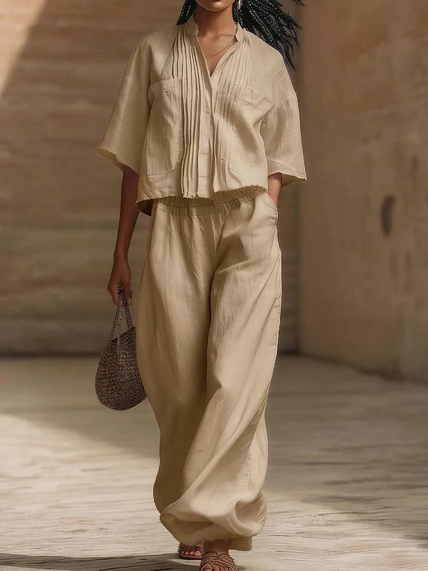 Women's Summer 2 Piece Outfit Short Sleeve Shirt And Loose Pants Set Comfortable Cotton Blend Casual Separates_ecoleips.com