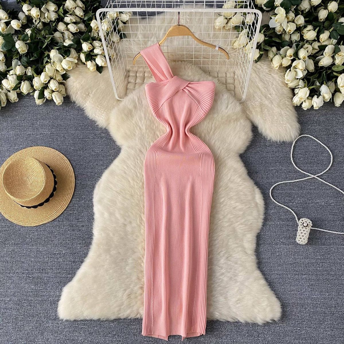 Women's Clothing High End Knitted Oblique Collar Dress For Women In Summer With Irregular Light Luxury Slit Design Pure Desire Hot Girl Long Skirt_ecoleips.com