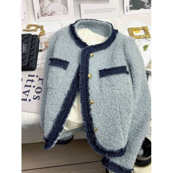 Blue Patchwork French-Chic Short Jacket – Elegant Bouclé Blazer For Women (US Sizes S/M/L/XL/2XL, Cropped Fit, Thickened Lining)_ecoleips.com