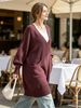 Wine Red Deep V Multi Pocket Pit Rib Knit Tunic Sweater, Oversized Loose Lightweight Breathable Soft Skin-touch Long Sleeve Pullover_ecoleips.com