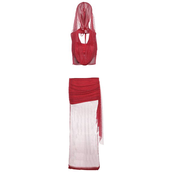 Summer Slim Halter Neck Top Skirt Suit for Women Sexy Hot Girl Hollow Design with Ribbon Detail Hip Skirt Set_ecoleips.com