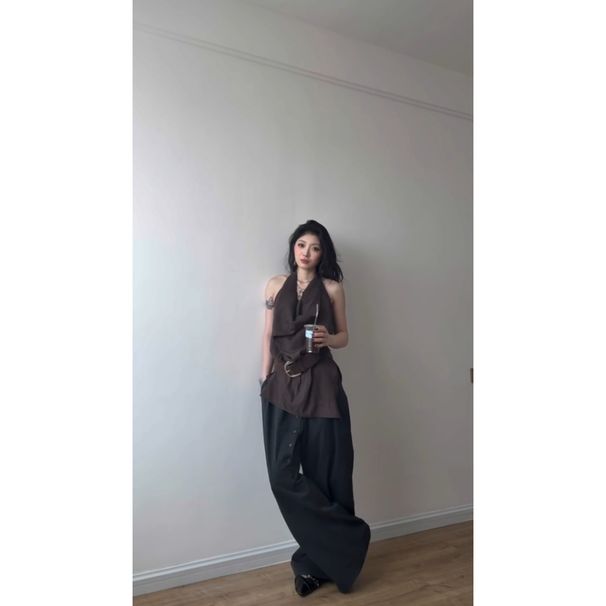 Elegant Swing Neck Halter Vest Top Fashionable Loose Fit Versatile Wide-Leg Casual Pants Women's Two-Piece Set_ecoleips.com