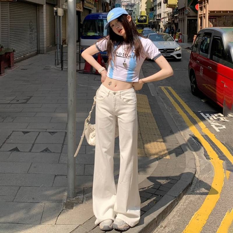 Wholesale White Low-waist Flared Jeans With Round Pocket Design For Women, Spring/summer Slim-fit Stretch Straight-leg_ecoleips.com