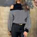 Women's Off-Shoulder Striped Knit Sweater - Soft Acrylic Blend, Relaxed Fit, Chic Half-Turtleneck, Fall & Winter Casual Pullover, Trendy Loose Sleeves_ecoleips.com