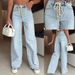 Women's High-Waisted Straight Leg Jeans With Cross-Tie Detail – Vintage Washed Denim, Comfortable & Stylish_ecoleips.com