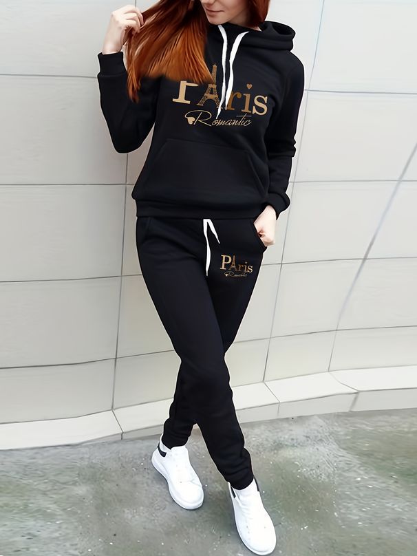 Women's Autumn And Winter Fashion Casual Paris Letter Pattern Print Thickened And Plush Warm Hooded Sweatshirt+sports Pants Set-804_ecoleips.com