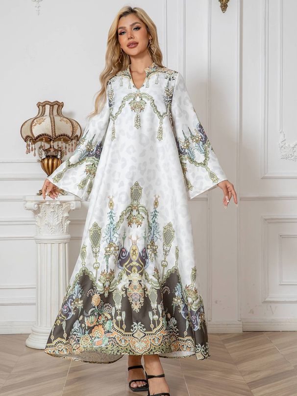 Cross-Border Muslim Robe Printed Beaded Long Dress, Abayas Rhinestone Elegant Style, Women's Fashionable Long Skirt Dress_ecoleips.com