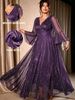 Plus-size Elegant Dress, Deep V-neck, Flared Sleeves, Fitted Waist, And Full Skirt; A Sophisticated And Elegant Long Dress Suitable For Balls And Evening Parties._ecoleips.com