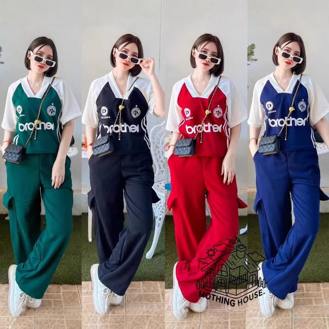 Women's Casual Summer Suit Set - Polo Collar Top & Wide Leg Pants, Contrast Color Two-Piece Outfit_ecoleips.com