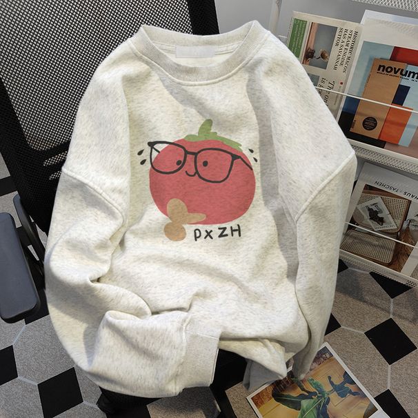 Retro Hong Kong Style Women's Sweatshirt round Neck Fleece Lined Thickened Autumn Winter Loose Fitting Heavyweight Top_ecoleips.com
