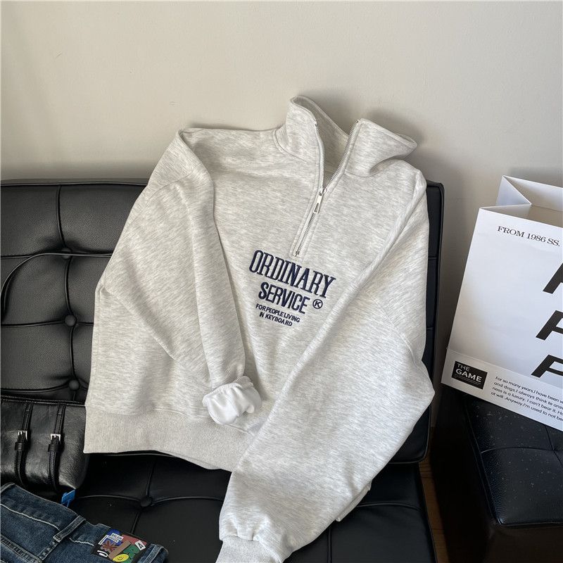 Korean Style Women's Embroidery Pullover Sweatshirt Stand Up Collar Half Zipper Spring Autumn Simple Temperament Fashion_ecoleips.com