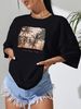 Women's Casual Black T-Shirt round Neck Short Sleeve Cotton Polyester Landscape Print Top European American Style Loose Fit_ecoleips.com