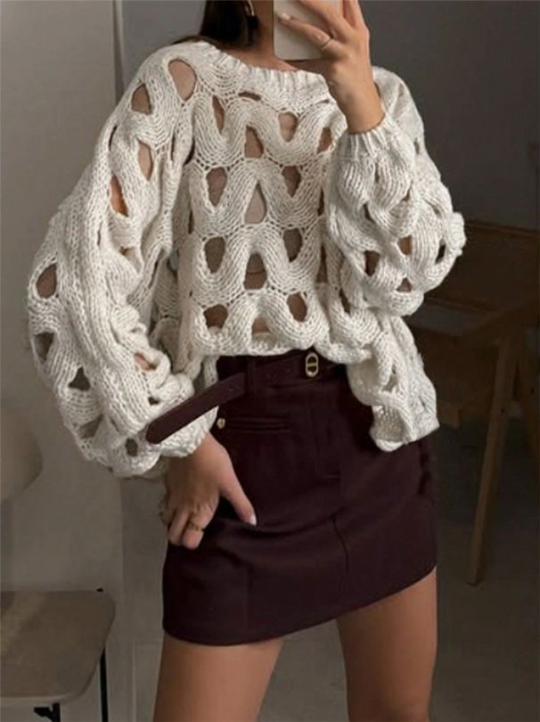 Women's Clothing Casual Solid Color Women's Casual Solid Color Lace Crochet Long Sleeve Sweater – Beach Vacation Boho Top (White, Beige, S/M/L/XL)_ecoleips.com