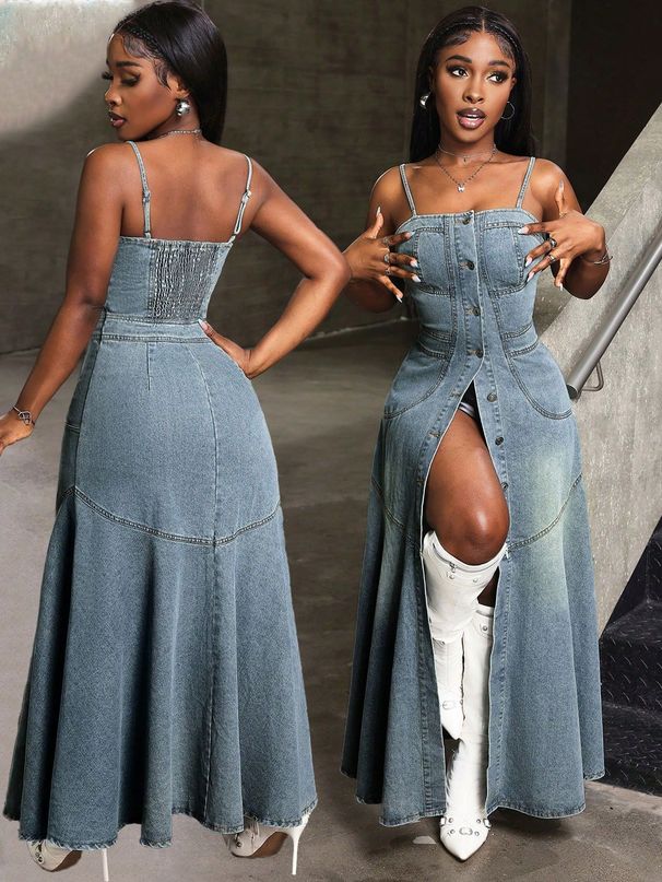 Fashion Temperament Medium Length Single Breasted Suspender Denim Dress_ecoleips.com