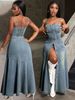 Fashion Temperament Medium Length Single Breasted Suspender Denim Dress_ecoleips.com