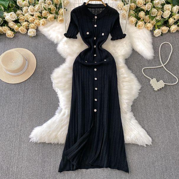 Women's Clothing High Grade Round Neck Petal Sleeve Hollow Knitted Dress For Women In Summer Single Breasted Waist Slim Long Skirt_ecoleips.com
