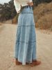 Bohemian A-Line Denim Skirt With Layered Hem & Abstract Print - Mid-Length Raw Edge Denim Skirt For Women_ecoleips.com