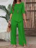 K Women's Irregular Hem Pantsuit Elegantly Fashionable Casual Buttoned Semi-Sleeve Shirt Loose Two-Piece Set. No Necklaces Or Other Accessories_ecoleips.com