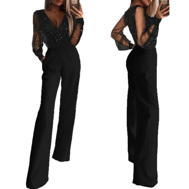 2027 Summer Fashion European-USA Elegant Temperament Women Polyester High Waist Mesh Powder Spreading Splicing Jumpsuit_ecoleips.com