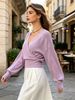 Lilac Lavender Deep V Wrap Pit Rib Knit Sweater, Loose Lightweight Breathable Soft Skin-touch Long Sleeve Slim Waist Pullover_ecoleips.com