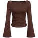 Women's Clothing Slim Fit Solid Color Boat Neck T-Shirt For Women European American Style Long Sleeve Trumpet Sleeve Pleated Slimming Top For Autumn_ecoleips.com