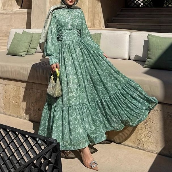 Modest Abaya Dress Elegant High-Neck Wrap Dress With Abstract Print – Polyester Blend A-Line Midi Dress (S-XXL), Modest Workwear_ecoleips.com