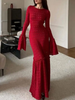 Winter Slim Maxi Dress Elegant Long Knitted Ruffle Dress Women Sexy 2025 Autumn Retro Flared Sleeve Hollow Evening Party Dresses_ecoleips.com