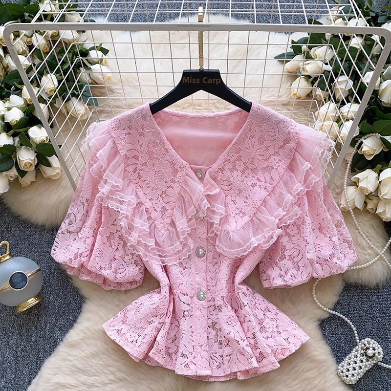 Women's Sweet Lace Blouse Peter Pan Collar Puff Sleeve High End Summer Style Waist Cinching Versatile Ruffled Hem Top_ecoleips.com