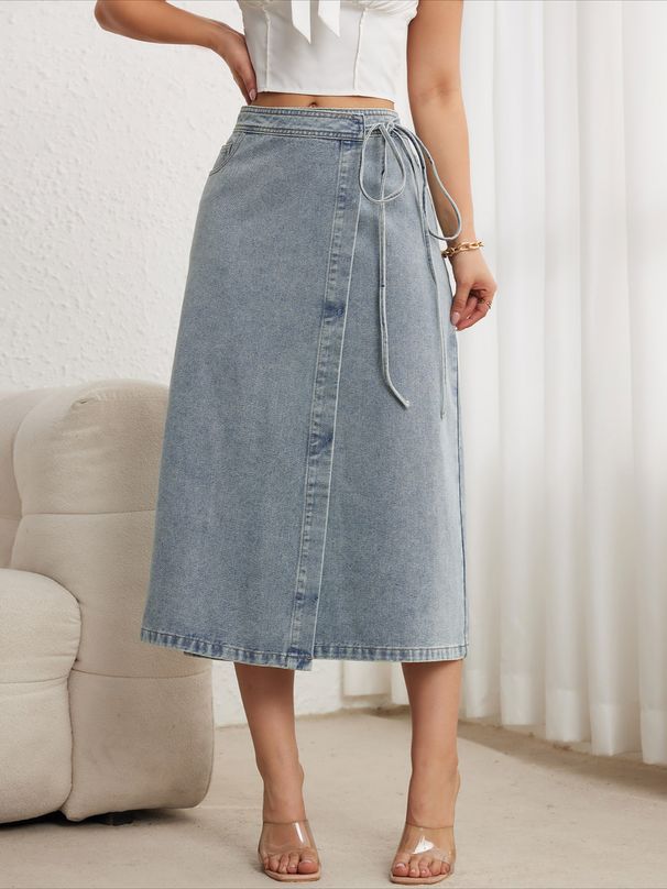 K Tethered Mid Skirt Elegant Women's Split Wrap Long Denim Skirt Loose Retro_ecoleips.com