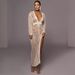 Women's Clothing Deep V-Neck High Slit Knit Dress – Sexy Bodycon Long Skirt For Women_ecoleips.com