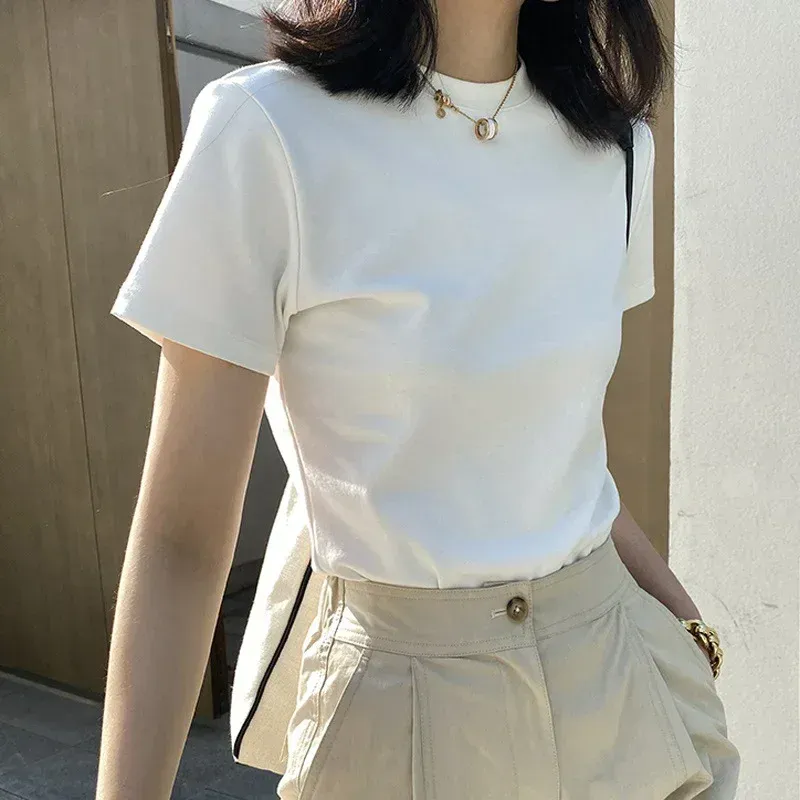 100% Pure Cotton Casual Short Sleeved T-shirt For Women's Summer Elastic Slim Fit Round Neck Bottom Shirt For Women's Fashion_ecoleips.com