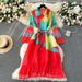 Women's French Retro Pleated Print Dress High End Loose Slim Casual Mid Length Skirt With Tie Waist For Summer_ecoleips.com
