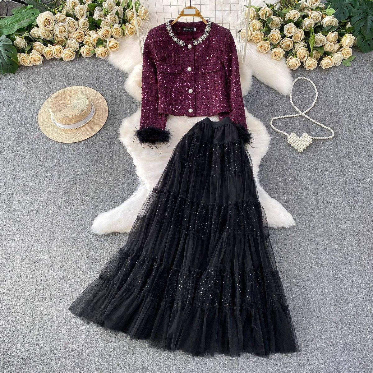 Inspired Elegance: Luxe Boucle Jacket & Sequin Mesh Dress Set (S-XXL, Beige/Purple, Office-to-Evening Versatility)_ecoleips.com