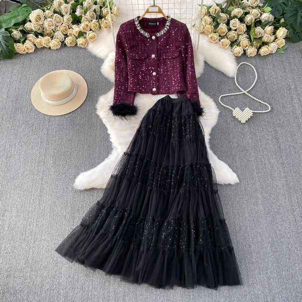Inspired Elegance: Luxe Boucle Jacket & Sequin Mesh Dress Set (S-XXL, Beige/Purple, Office-to-Evening Versatility)_ecoleips.com