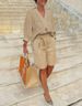 Women's Relaxed Fit Cotton-Linen 2-Piece Set Short Sleeve Top And Shorts Casual Lounge Wear in Versatile Solid Colors_ecoleips.com
