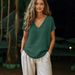 Cross-border European And American 2026 Spring/Summer New Women's Casual Loose Fashion Cotton-Linen Short-Sleeve V-Neck_ecoleips.com