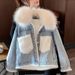 Women's Clothing Women's Thick Denim Jacket With Faux Fur Collar - Winter Warm Fleece Lined Coat, Oversized Loose Fit, Casual Chic Outerwear_ecoleips.com