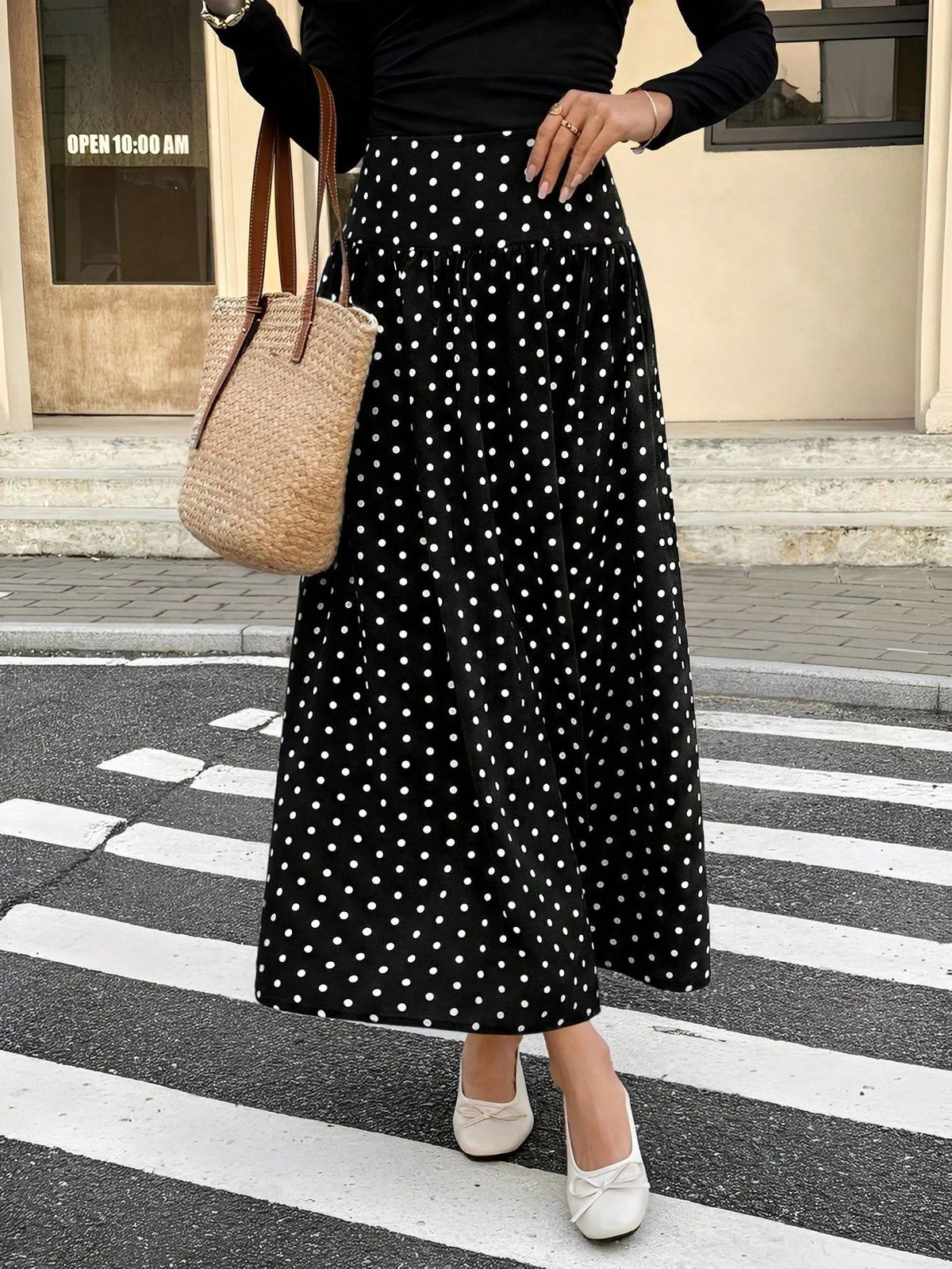 Women's High-Waisted Polka Dot Midi Skirt Slimming Hip Concealing A-Line European American Style for Autumn Winter Versatile mid Length_ecoleips.com