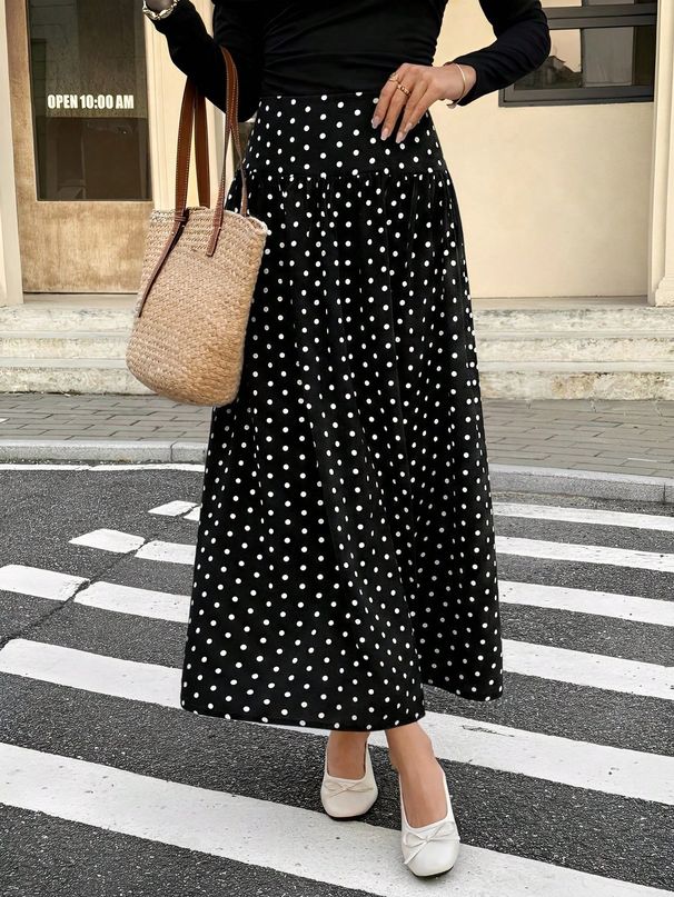Women's High-Waisted Polka Dot Midi Skirt Slimming Hip Concealing A-Line European American Style for Autumn Winter Versatile mid Length_ecoleips.com