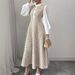 Elegant Slim-Fit Winter Dress For Women - High Waist Long Sleeve Bodycon Dress With Color Blocking Detail, Semi-High Neck Office Dress (White, S-Xxl)_ecoleips.com