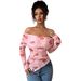 Women's Off-the-Shoulder Slim Fit Ruffled Hem Irregular Print Top Spring New Style Versatile European American_ecoleips.com