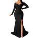 Women's Elegant Evening Gown Long Sleeve Solid Color V‑Neck With High Slit For Nightclub Autumn Winter Wear_ecoleips.com
