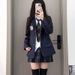 girl JK Uniform Navy Blue Suit College Style Blazer Plaid Skirt Shirt Outfit Set For Women_ecoleips.com