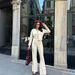 Women's Clothing Long Sleeved V Neck Trousers Suit Casual Ladies Suit_ecoleips.com