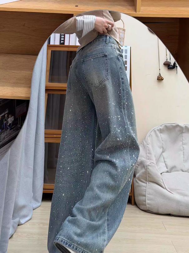 Women's Sparkly Rhinestone Embellished Denim Jeans Fleece Lined Slimming Wide Leg Plus Size Straight Leg Pants_ecoleips.com