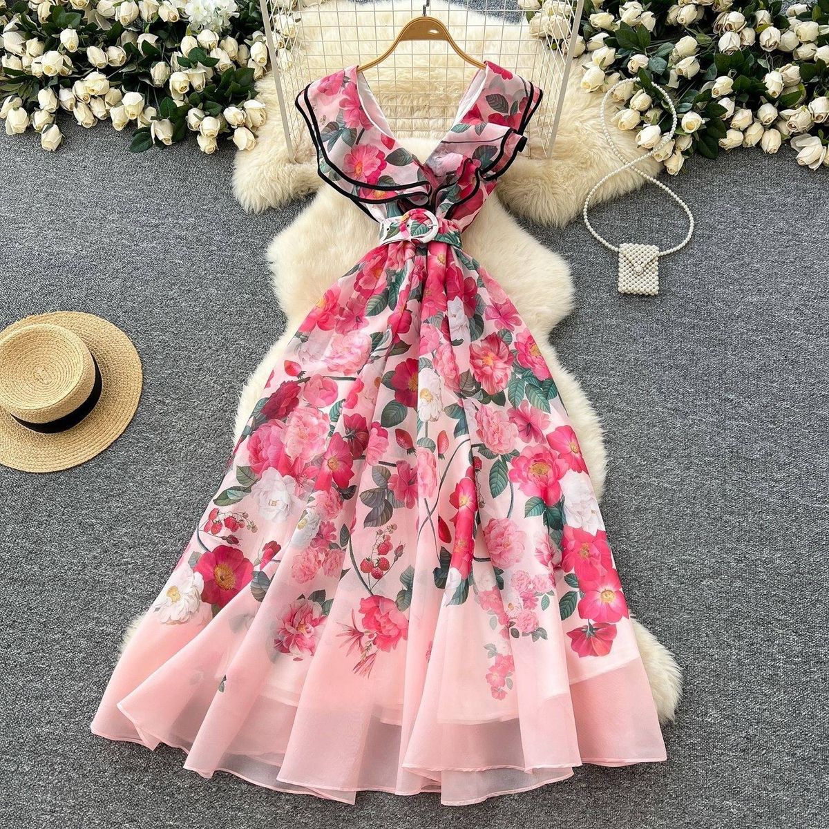 Women's Clothing Elegant Dress Women's Summer Celebrity Style Ruffled V-Neck Tight Waist Slim-Fit Printed Large-Length Dress_ecoleips.com