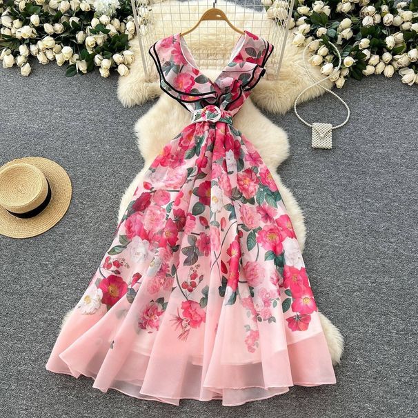 Women's Clothing Elegant Dress Women's Summer Celebrity Style Ruffled V-Neck Tight Waist Slim-Fit Printed Large-Length Dress_ecoleips.com