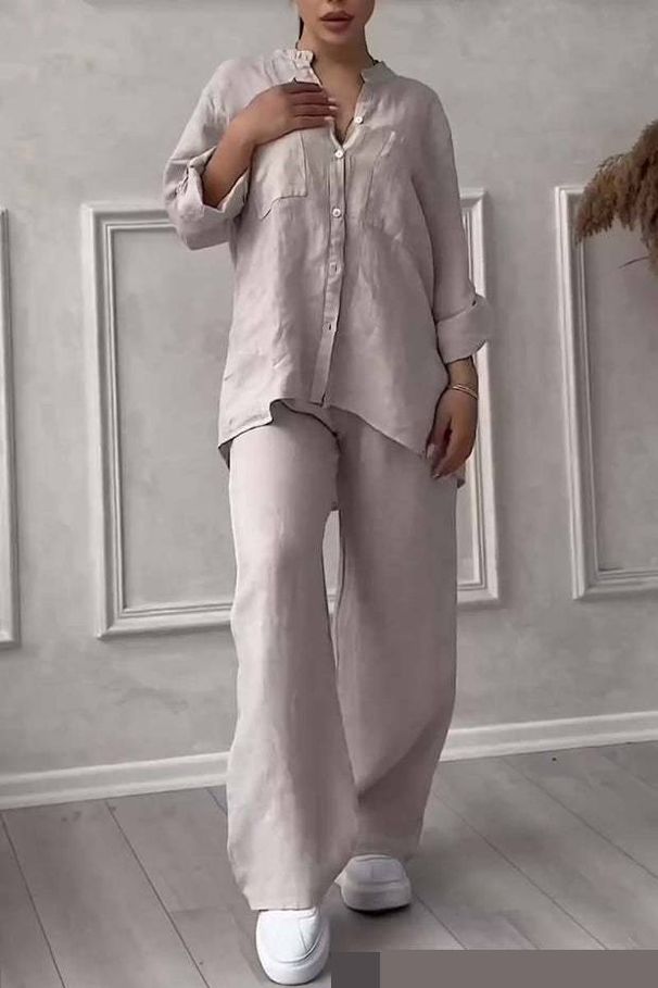 Women's Casual Cotton Linen Shirt Wide Leg Pants Set Solid Color Trendy Streetwear European American Style_ecoleips.com
