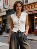 Chic V-Neck Knit Sleeveless Vest, Women's Gold Button-Up Casual Sweater_ecoleips.com